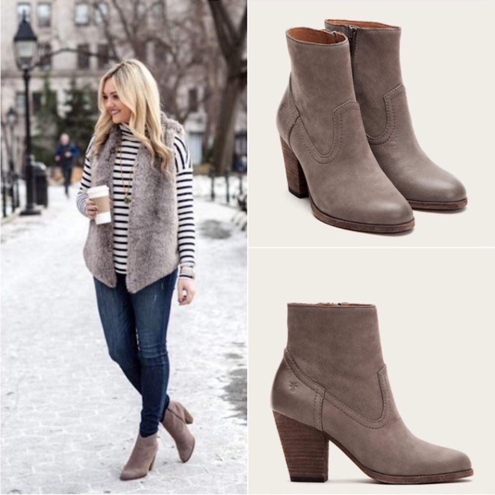 FRYE Essa western ankle boots size 8 chunky heel gray tan leather nubuck
